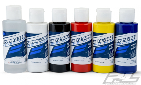 Pro-Line sada barev pro Airbrush (6 ks po 60 ml) - základní barvy a čistič.
