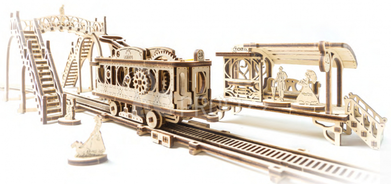 Ugears 3D dřevěné mechanické puzzle Mechanical Town tramvajová linka