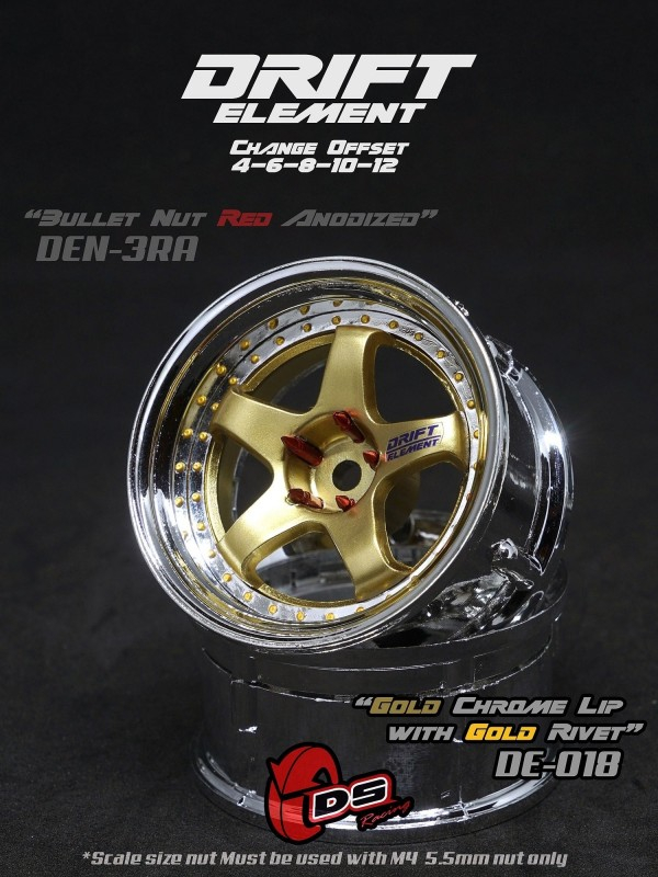 DS Racing Drift Element 5 Spoke disky, Zlatý střed, chromový okraj a zlaté nýty, 2 ks