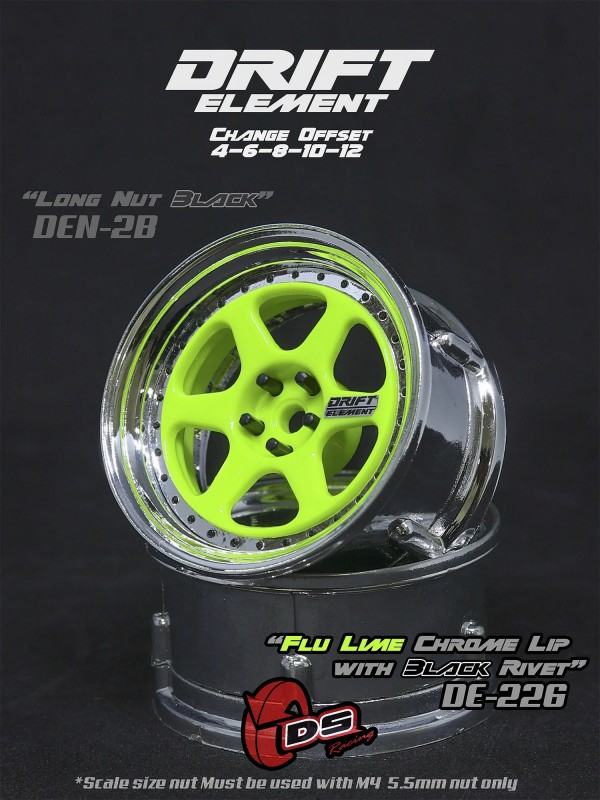 DS Racing Drift Element 6 Spoke disky, FLU Lime, chromový okraj a černé nýty, 2 ks