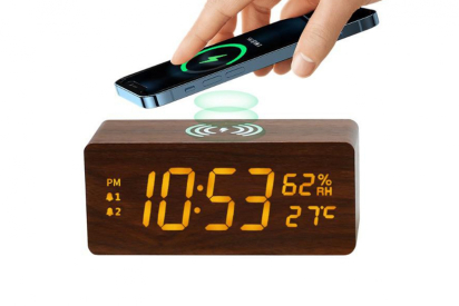 15W Multi-Function Wood Wireless Charger & Alarm & LED Clock (vč Aku)