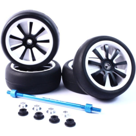 ALUMINUM STYLISH SPINNING RIMS (4PCS) BK 9-SPOKE TIRE SET W/ TIRE HOLDER FOR 1:10 RC TOUR