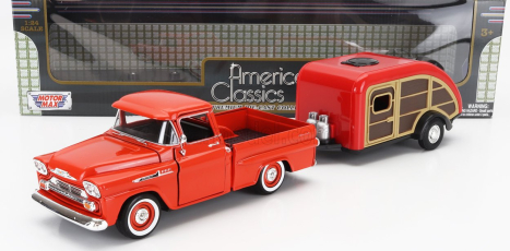 Motor-max Chevrolet Apache Pick-up With Trailer Roulotte 1958 1:24 Tmavě Oranžová