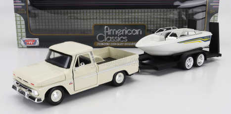 Motor-max Chevrolet C-10 Fleetside Pick-up With Trailer + Boat 1966 1:24 Krémově Bílá