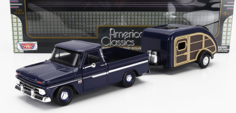 Motor-max Chevrolet C-10 Fleetside Pick-up With Trailer Roulotte 1966 1:24 Modré Dřevo