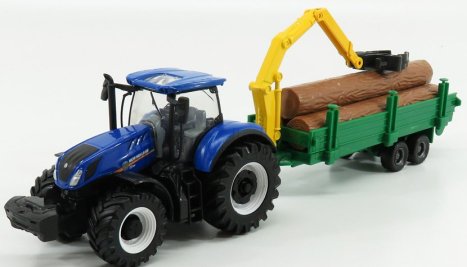 Bburago New holland T7.315 Tractor + Tree Forwarder And Wood 1:50 Modrozelené Dřevo