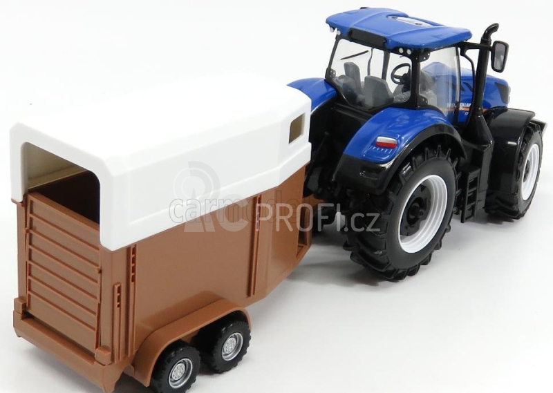 Bburago New holland T7000 Tractor With Horse Trailer - Trasporto Cavalli 1:32 Modrá Hnědá Bílá