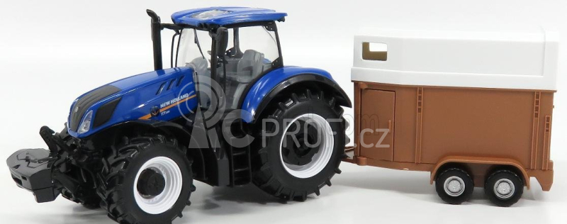 Bburago New holland T7000 Tractor With Horse Trailer - Trasporto Cavalli 1:32 Modrá Hnědá Bílá