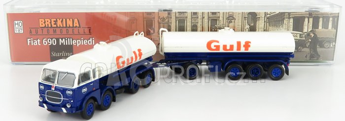 Brekina plast Fiat 690 Millepiedi Tanker Truck Gulf 1960 1:87 Modrá Bílá