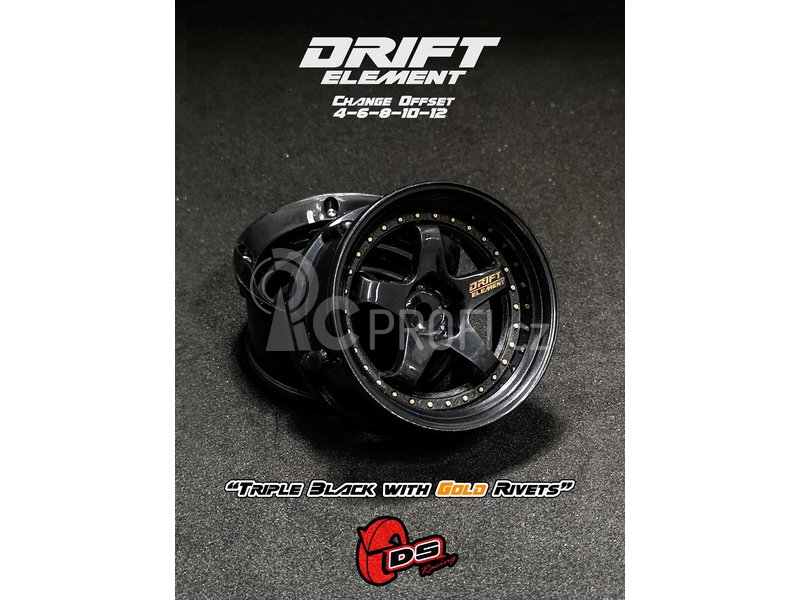 DS Racing Drift Element 5 Spoke disky, Trojitý černý se zlatými nýty, 2 ks