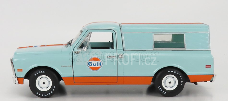 Greenlight Chevrolet C-10 Pick-up Closed Camper Gulf 1968 1:24 Světle Modrá Oranžová