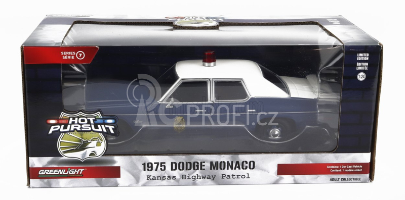 Greenlight Dodge Monaco Kansas Highway Patrol Police 1975 1:24 Modrá Bílá