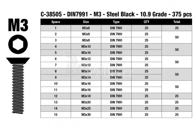 Inbus šrouby s zápustnou hlavou - sada/box - M3 - ocelové černé, 375 ks.