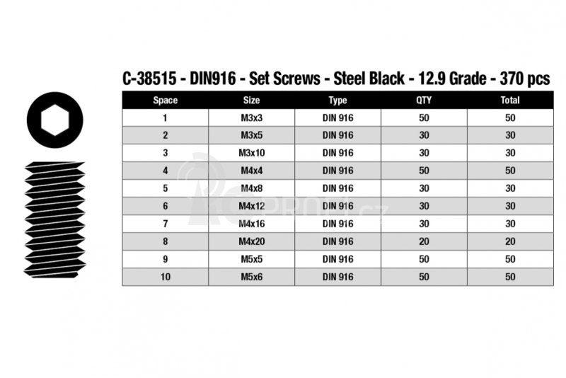 Inbus stavěcí šrouby - sada/box - M3 - M4 - M5 ocelové černé, 370 ks.