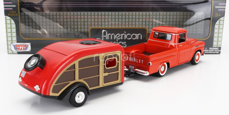 Motor-max Chevrolet Apache Pick-up With Trailer Roulotte 1958 1:24 Tmavě Oranžová