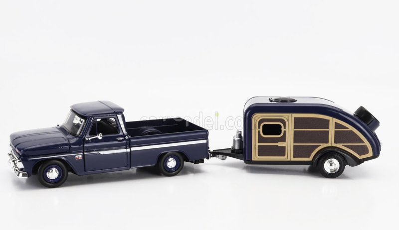 Motor-max Chevrolet C-10 Fleetside Pick-up With Trailer Roulotte 1966 1:24 Modré Dřevo