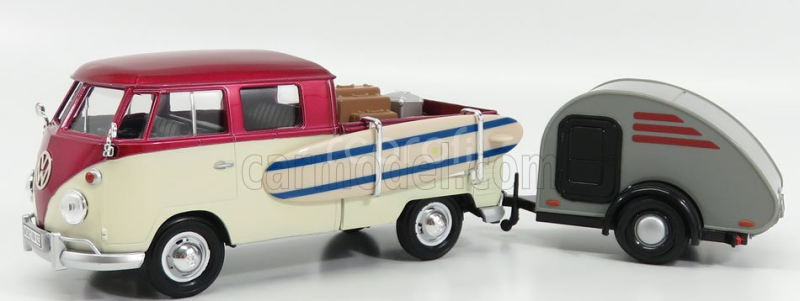 Motor-max Volkswagen T1 Type 2 Double Cabine With Trailer 1962 1:24 Červený Krém