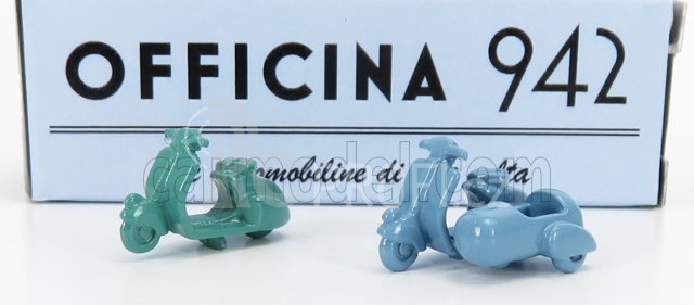 Officina-942 Piaggio Set 2x Vespa 98 + Vespa 98 Sidecar 1946 1:76 Zelená Světle Modrá