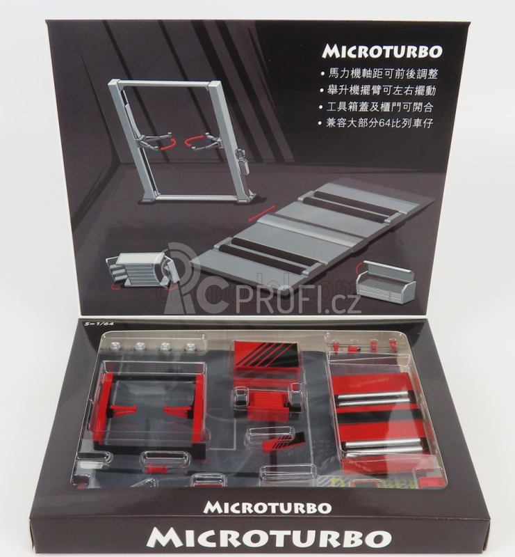 Peako Accessories Set Officina E Revisioni Microturbo - Ponte Sollevatore Auto - Twin Post Lift 1:64 Červená Černá