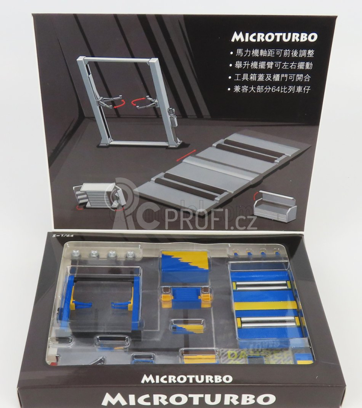 Peako Accessories Set Officina E Revisioni Microturbo - Ponte Sollevatore Auto - Twin Post Lift 1:64 Modrá Žlutá