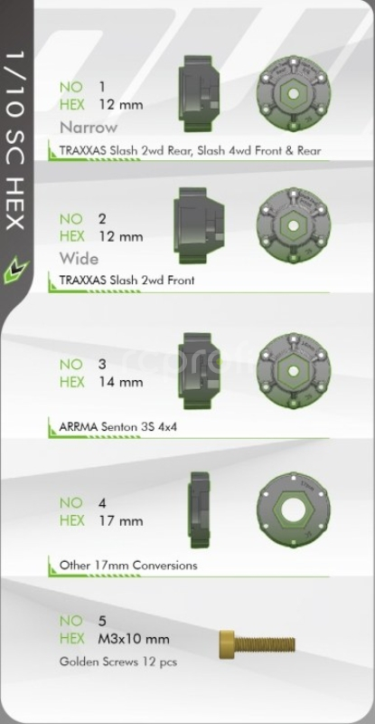 SC-PIONEER 1/10, 12mm, 14mm a 17mm odnímatelný hex, Černé disky, 2 ks