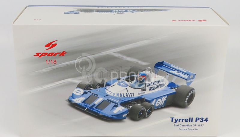 Spark-model Tyrrell F1  P34 Elf N 4 2nd Canada Gp 1977 P.depailler 1:18 Modrá Bílá