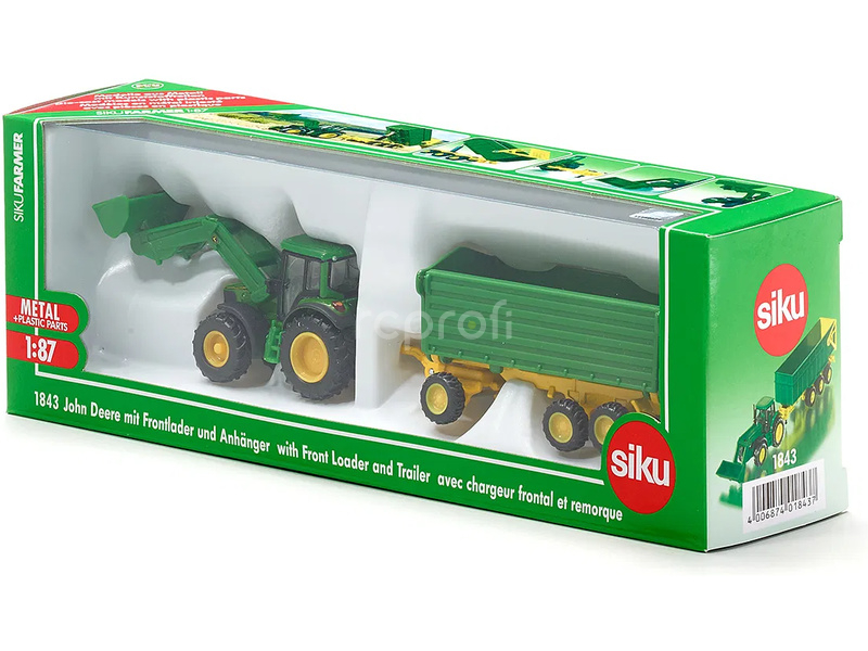 SIKU Farmer - John Deere s čelním nakladačem a přívěsem 1:87